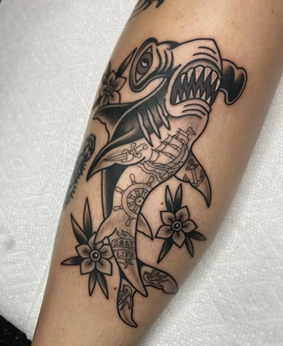 Shark black and grey tattoo by Darlin Cait Nashville