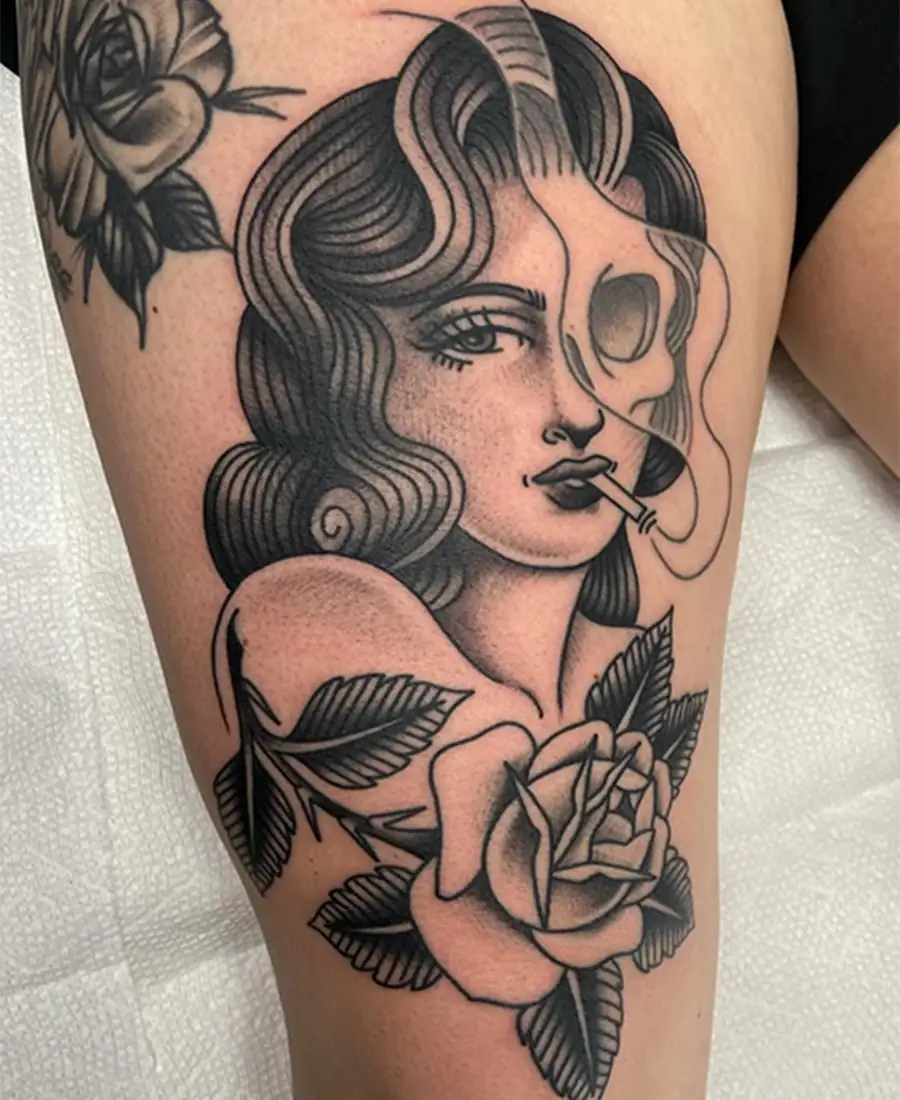 Smoking woman black and grey tattoo by Darlin Cait Nashville