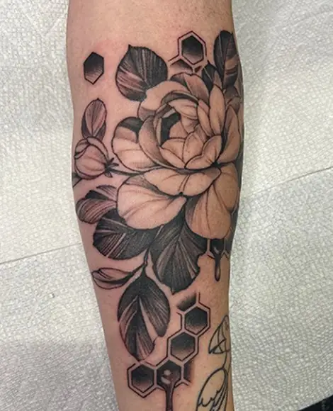 Floral honeycomb black and grey tattoo by Darlin Cait Nashville
