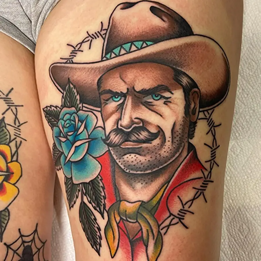 Cowboy portrait traditional color tattoo by Darlin Cait Nashville