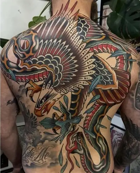 Eagle full back piece traditional tattoo by Darlin Cait Nashville