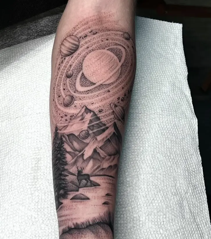 Black and grey space and forest sleeve tattoo by Eric Axle Nashville