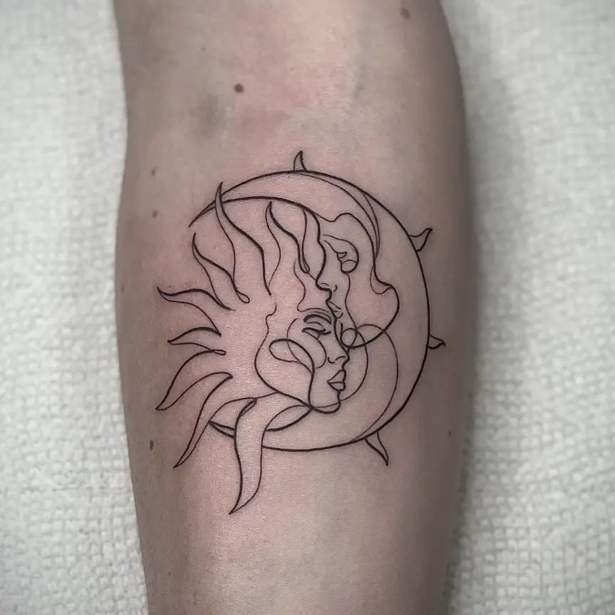 Fine line sun and moon face tattoo by Eric Axle Nashville