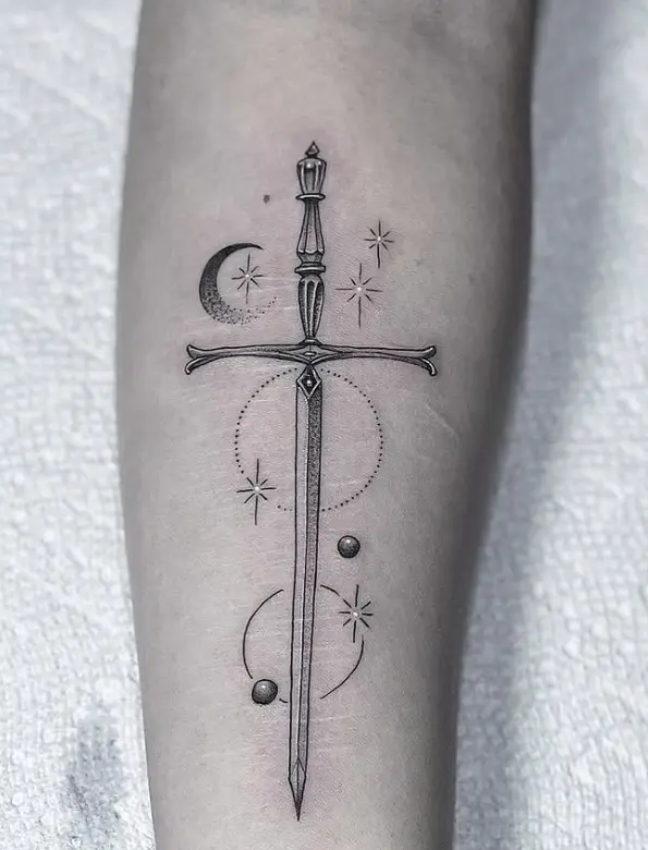 Fine line sword tattoo by Eric Axle Nashville