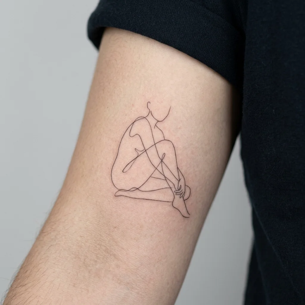 Fine line single-needle continuous line tattoo of an abstract seated figure on the bicep