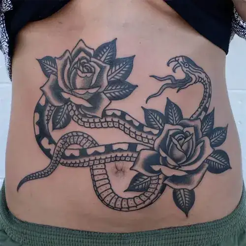 Traditional snake and roses tattoo - Sunrise Tattoo Nashville