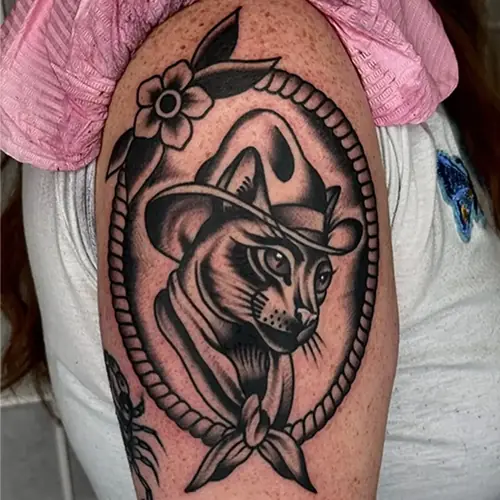 Cowboy cat black and grey tattoo by Sasha Vandal