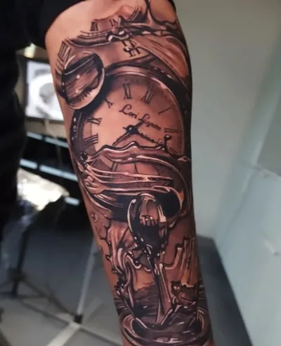 Black and grey clock pocket watch tattoo by Skin Design
