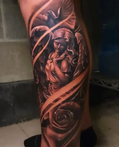 Black and grey angel with rose tattoo by Skin Design